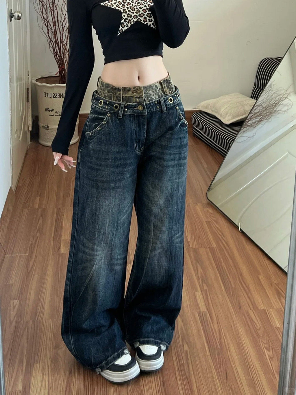 American Vintage Leopard Patchwork High Waist Wide Leg Denim Jeans