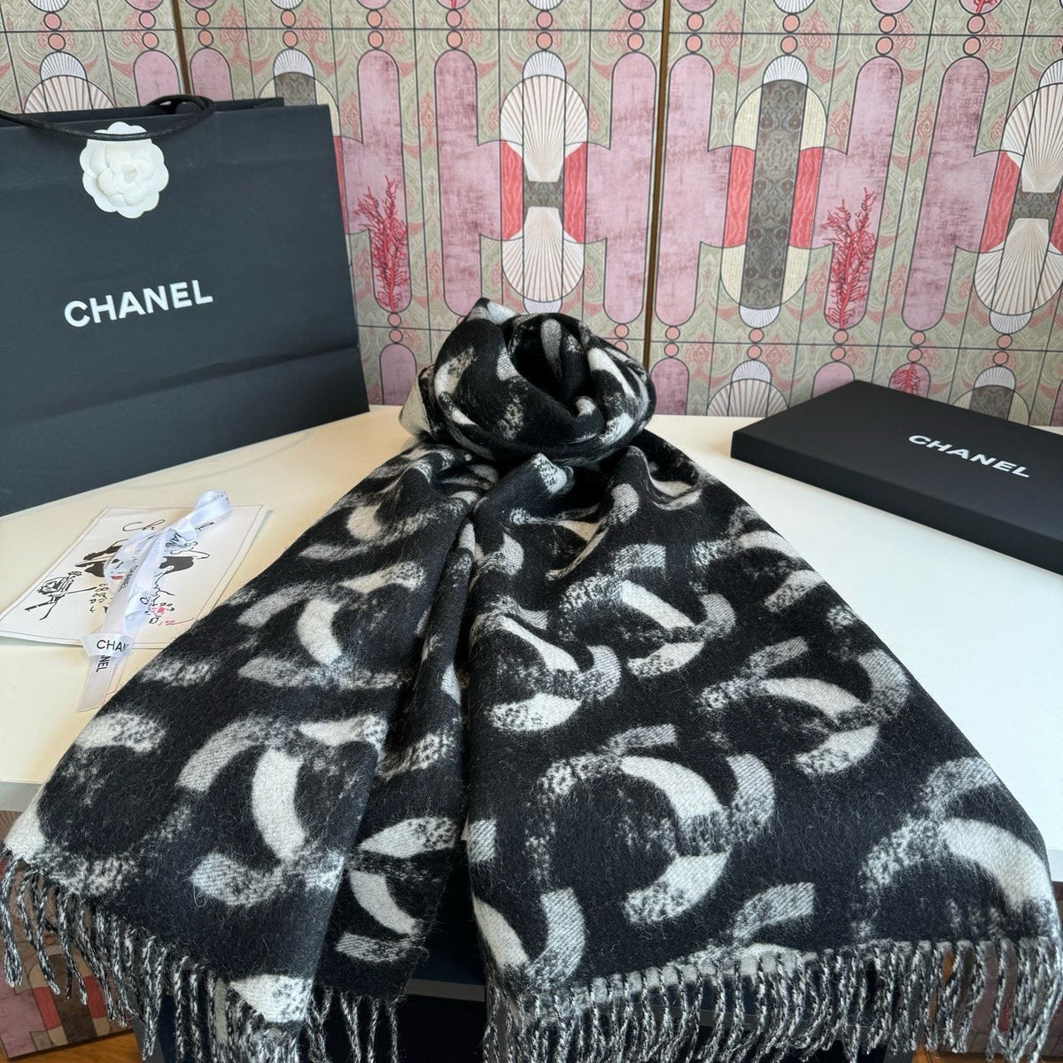 Chanel Black Fringed Patterned Scarf